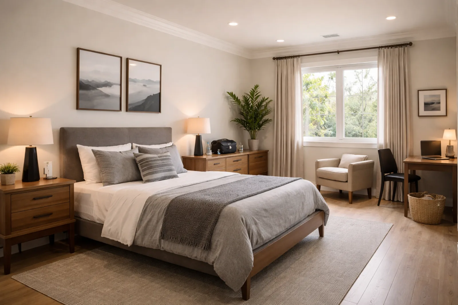 A bright private bedroom with adult furnishings, organized storage, and a calm atmosphere for rest and routine.